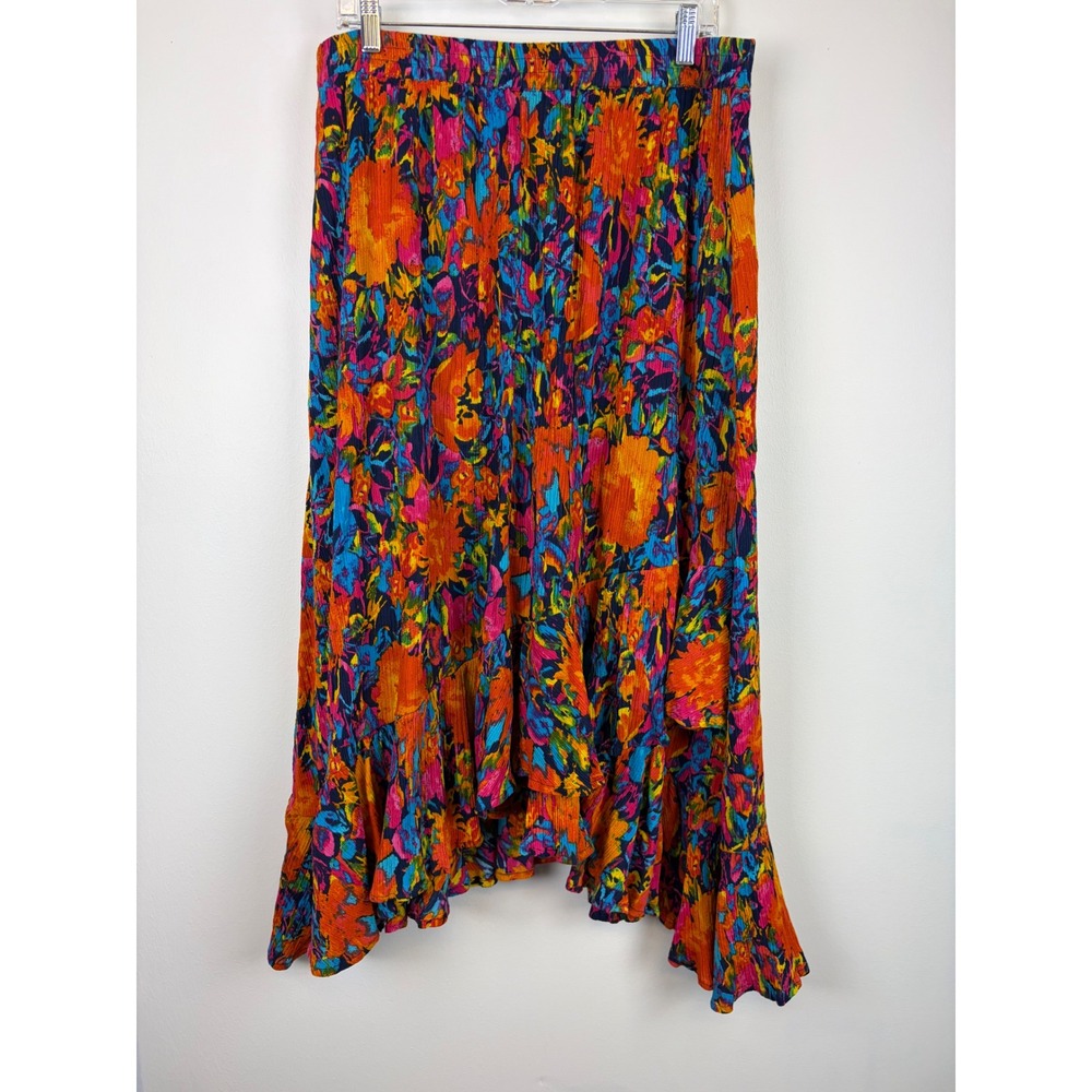 Jessica London Maxi Skirt 16W Bright Floral Boho Broomstick Crinkle Cotton Asym